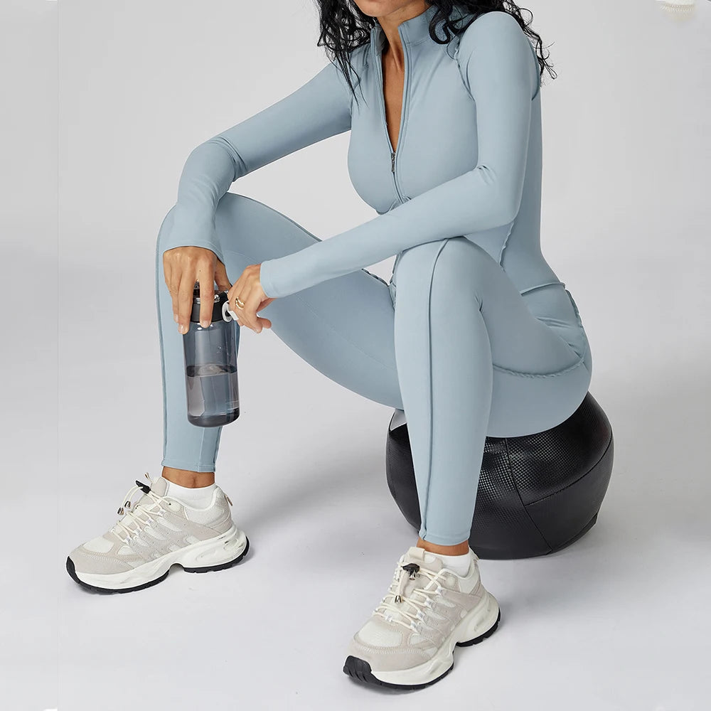 Yoga Bodysuit Long Sleeved Women's Tracksuits Gym Zipper Jumpsuits Sports Workout High-intensity Fitness One-piece Tights Suit