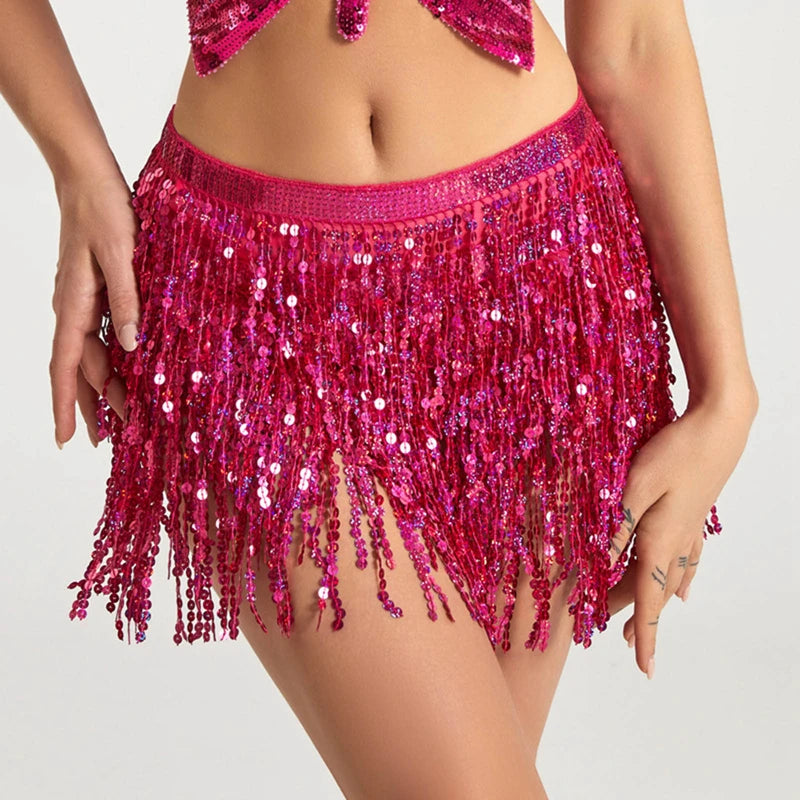 Sexy Latin Dance Tassel Sequins Waist Chain Mini Skirt Dress Carnival Party Stage Dance Performance Hula Belly Dance Hip Scarf