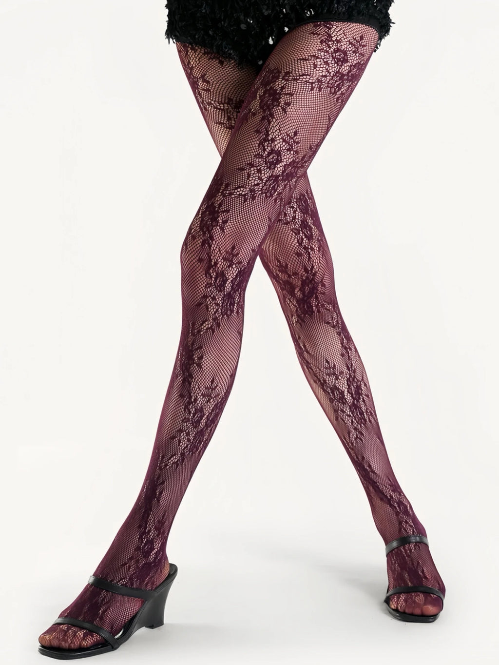 Women‘s Burgundy Fishnet Stockings Lace Jacquard Cut-Out Patterns Stretch Snag-Resistant Edgy Ornate Hosiery for Date