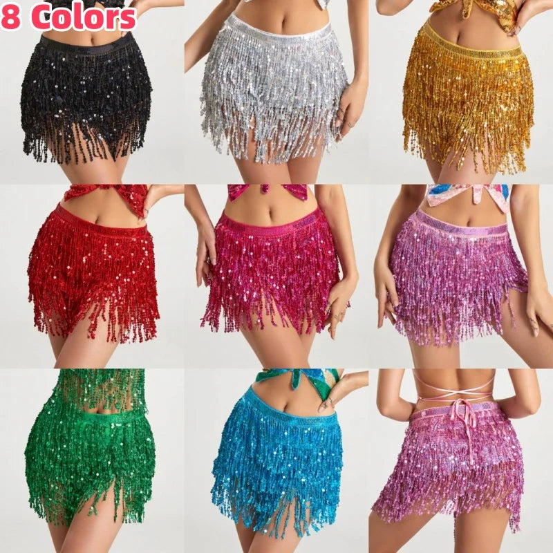 Sexy Latin Dance Tassel Sequins Waist Chain Mini Skirt Dress Carnival Party Stage Dance Performance Hula Belly Dance Hip Scarf
