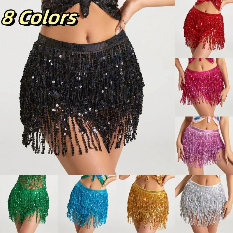 Sexy Latin Dance Tassel Sequins Waist Chain Mini Skirt Dress Carnival Party Stage Dance Performance Hula Belly Dance Hip Scarf