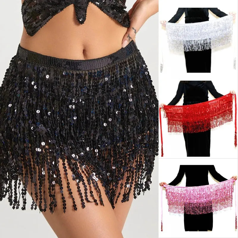 Sexy Latin Dance Tassel Sequins Waist Chain Mini Skirt Dress Carnival Party Stage Dance Performance Hula Belly Dance Hip Scarf