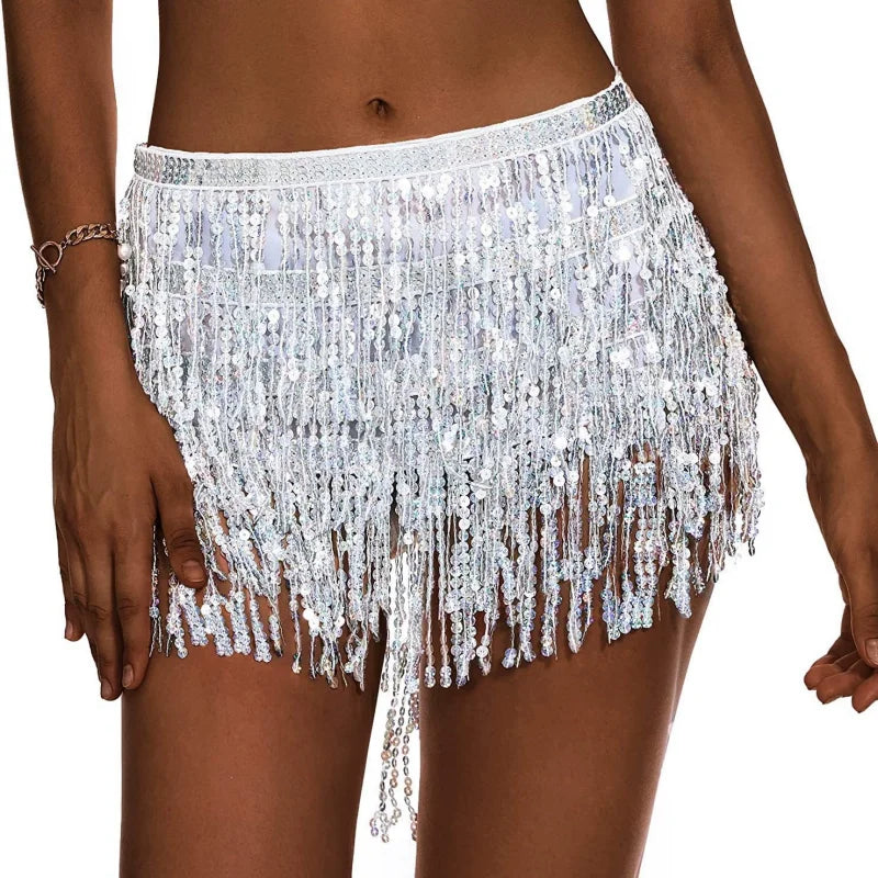 Sexy Latin Dance Tassel Sequins Waist Chain Mini Skirt Dress Carnival Party Stage Dance Performance Hula Belly Dance Hip Scarf