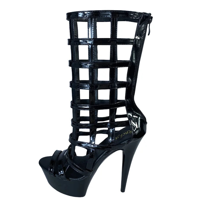 15CM Fishnet Lace-Up Sandals Black, Peep Toe Platform Heels with Full Leg Harness & Chunky Sole, Edgy Fetish Boots