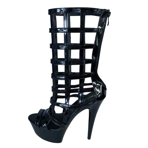 15CM Fishnet Lace-Up Sandals Black, Peep Toe Platform Heels with Full Leg Harness & Chunky Sole, Edgy Fetish Boots