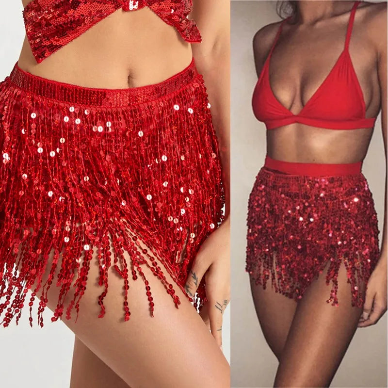 Sexy Latin Dance Tassel Sequins Waist Chain Mini Skirt Dress Carnival Party Stage Dance Performance Hula Belly Dance Hip Scarf