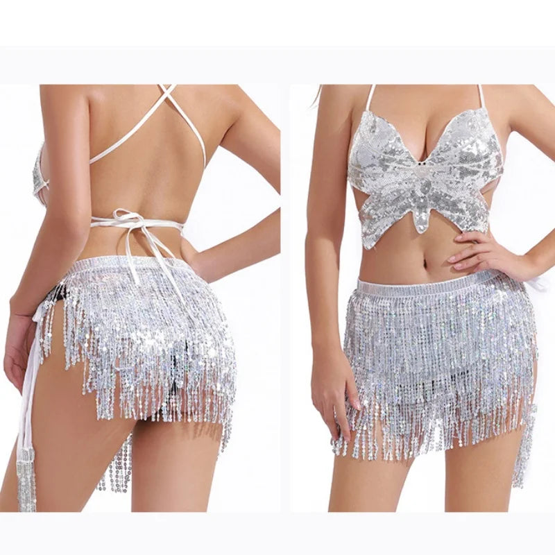Sexy Latin Dance Tassel Sequins Waist Chain Mini Skirt Dress Carnival Party Stage Dance Performance Hula Belly Dance Hip Scarf