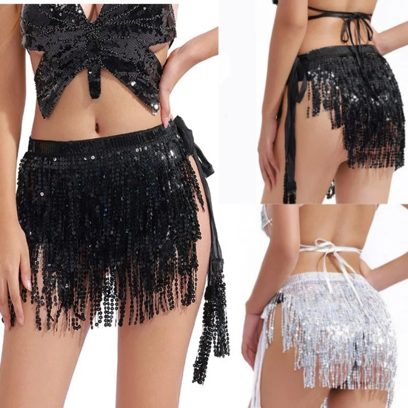 Sexy Latin Dance Tassel Sequins Waist Chain Mini Skirt Dress Carnival Party Stage Dance Performance Hula Belly Dance Hip Scarf
