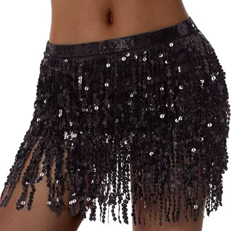 Sexy Latin Dance Tassel Sequins Waist Chain Mini Skirt Dress Carnival Party Stage Dance Performance Hula Belly Dance Hip Scarf
