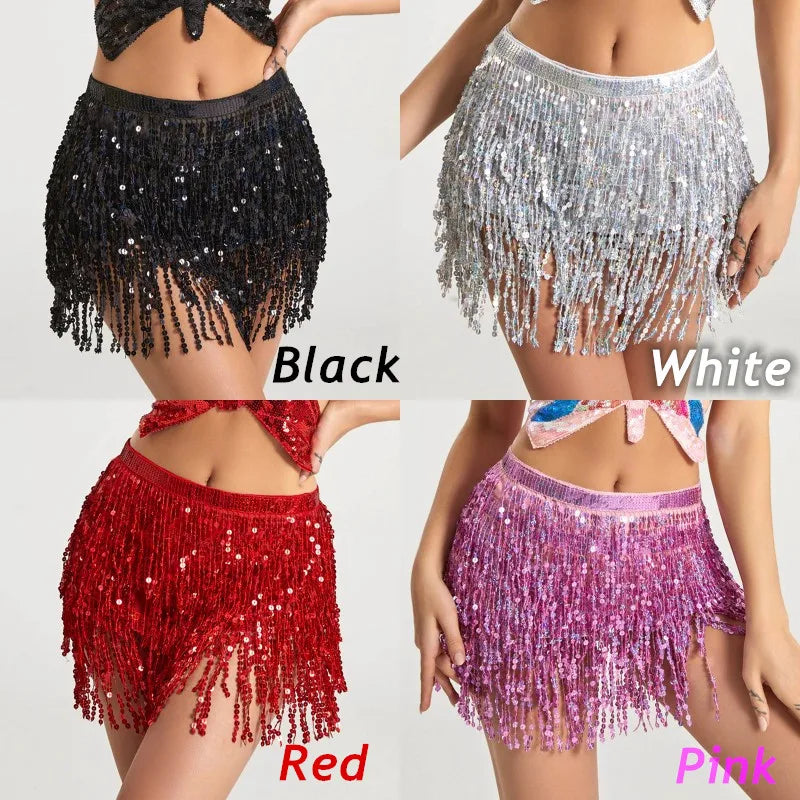 Sexy Latin Dance Tassel Sequins Waist Chain Mini Skirt Dress Carnival Party Stage Dance Performance Hula Belly Dance Hip Scarf