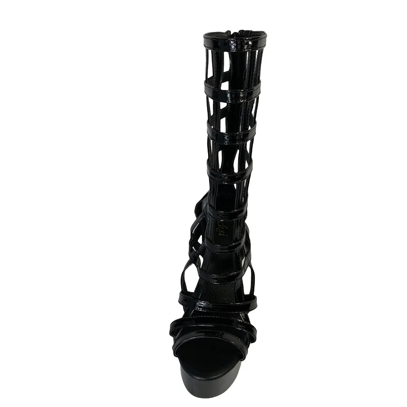15CM Fishnet Lace-Up Sandals Black, Peep Toe Platform Heels with Full Leg Harness & Chunky Sole, Edgy Fetish Boots