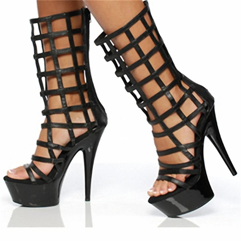 15CM Fishnet Lace-Up Sandals Black, Peep Toe Platform Heels with Full Leg Harness & Chunky Sole, Edgy Fetish Boots