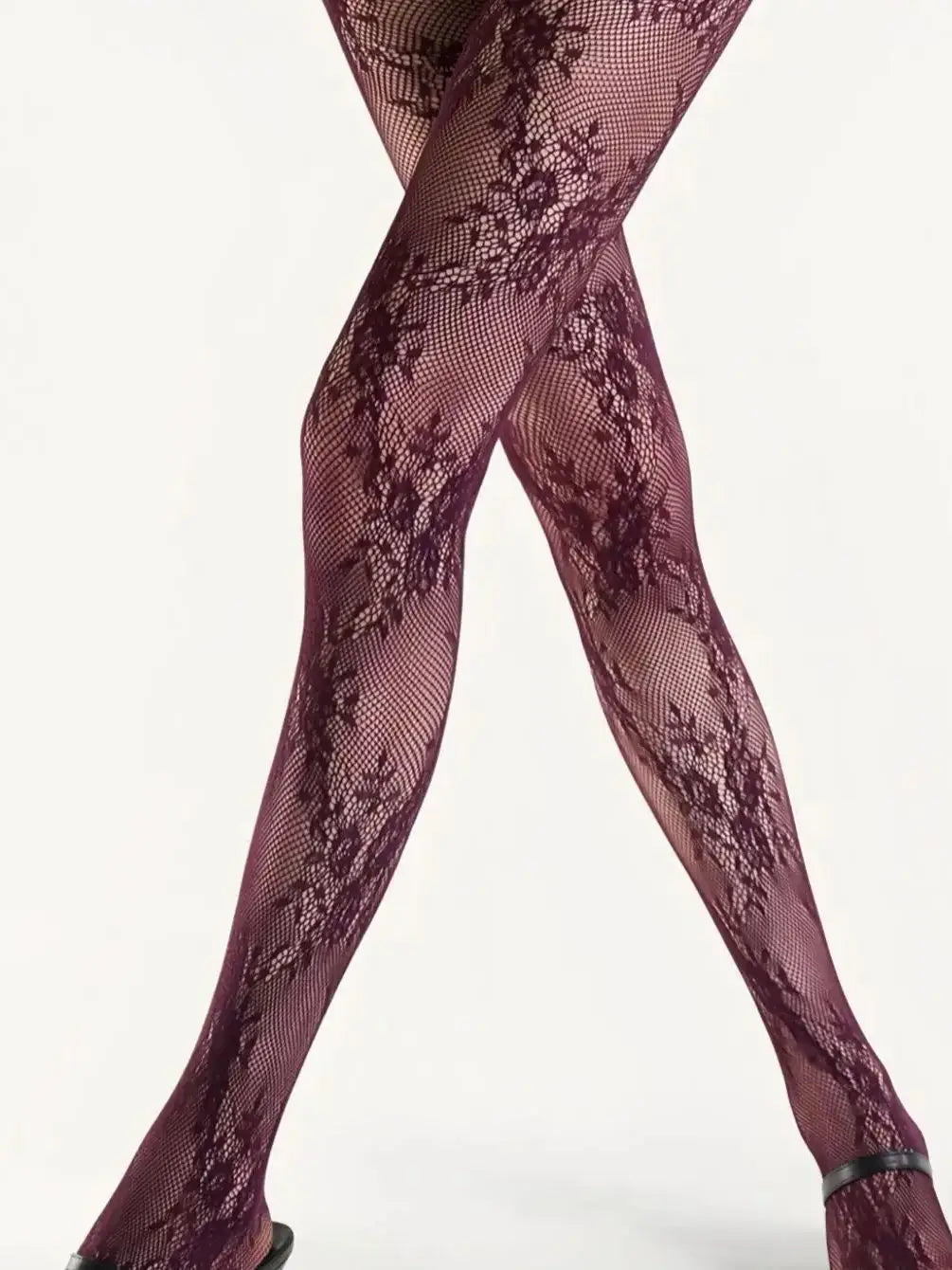 Women‘s Burgundy Fishnet Stockings Lace Jacquard Cut-Out Patterns Stretch Snag-Resistant Edgy Ornate Hosiery for Date
