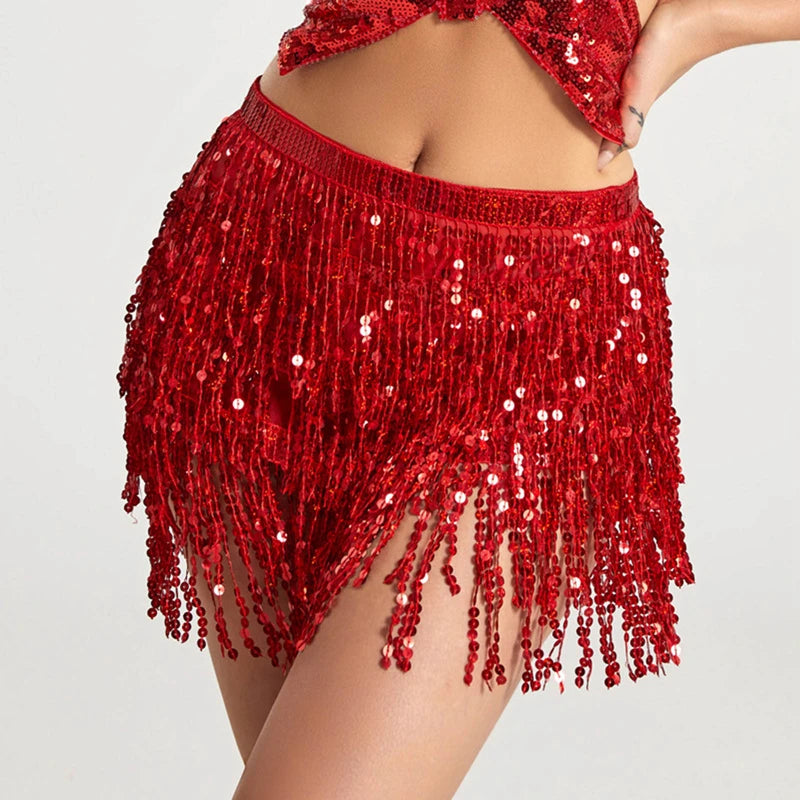 Sexy Latin Dance Tassel Sequins Waist Chain Mini Skirt Dress Carnival Party Stage Dance Performance Hula Belly Dance Hip Scarf